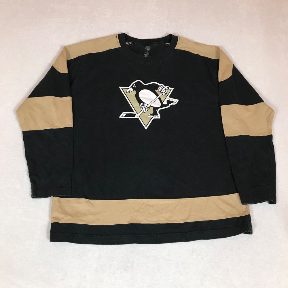 NHL Pittsburgh Penguins Hockey Jersey Style Black Gold Cotton Long Sleeve Tee
